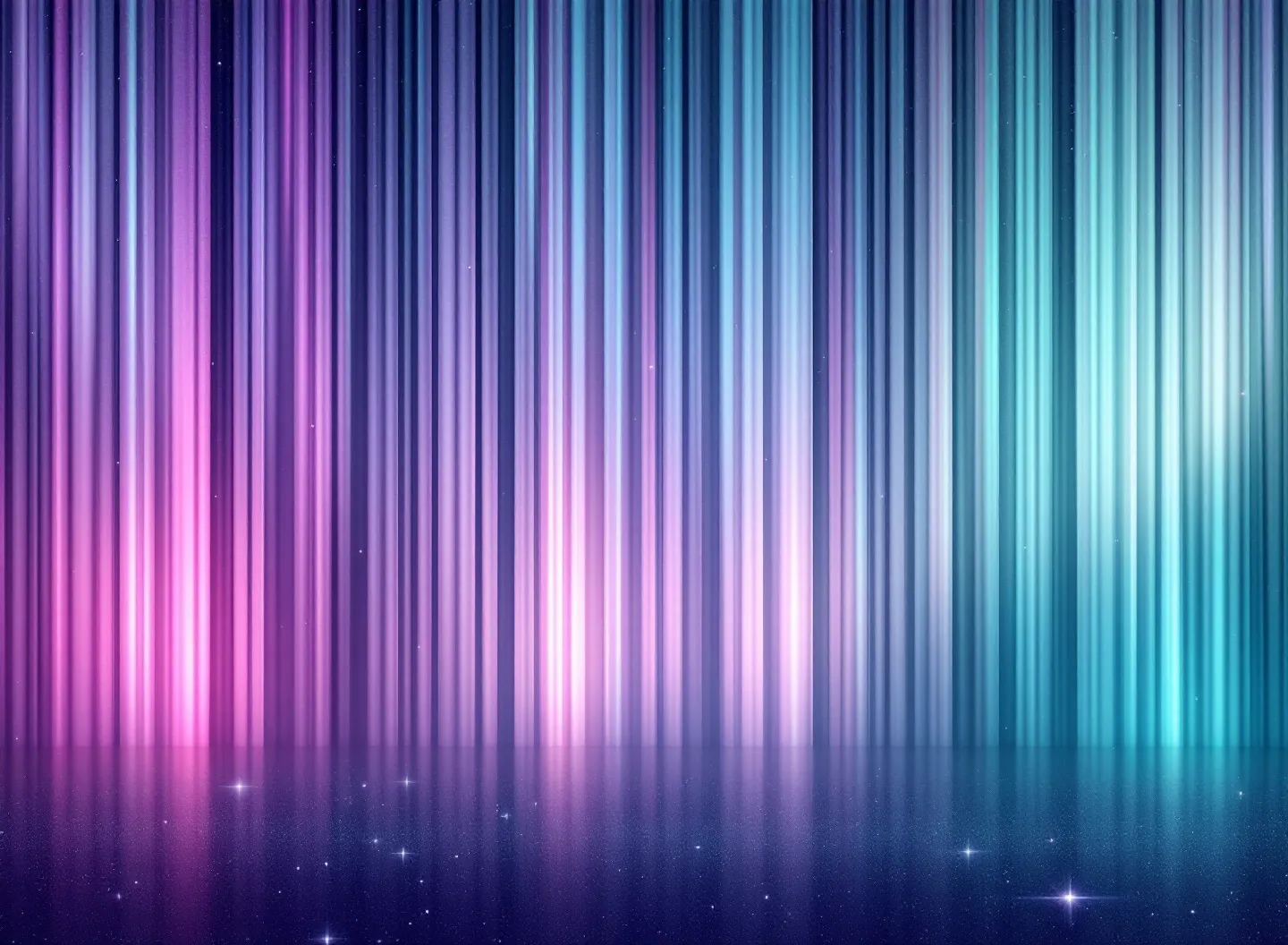 Aurora-curtain composition with vertical pleated ribbons in purple, pink, and cyan-green on a deep cosmic-violet field