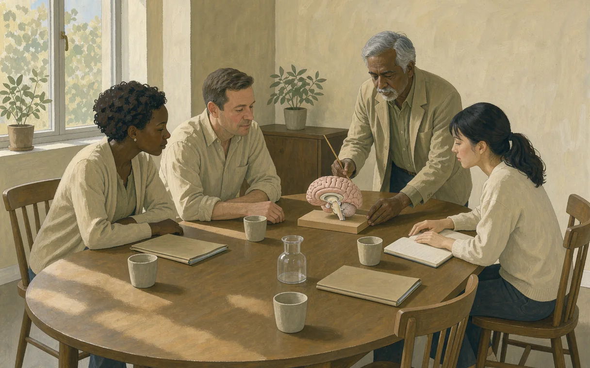 Students gathered around a brain model in a sunlit teaching room